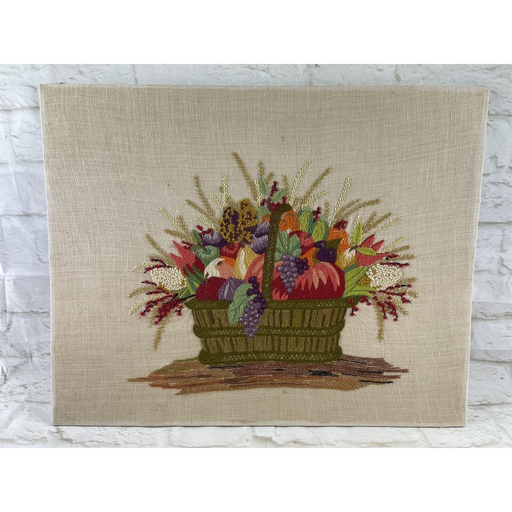 Vintage Harvest Fruit Vegetable Basket Needlepoint Wall Art 16" x 20" Mounted